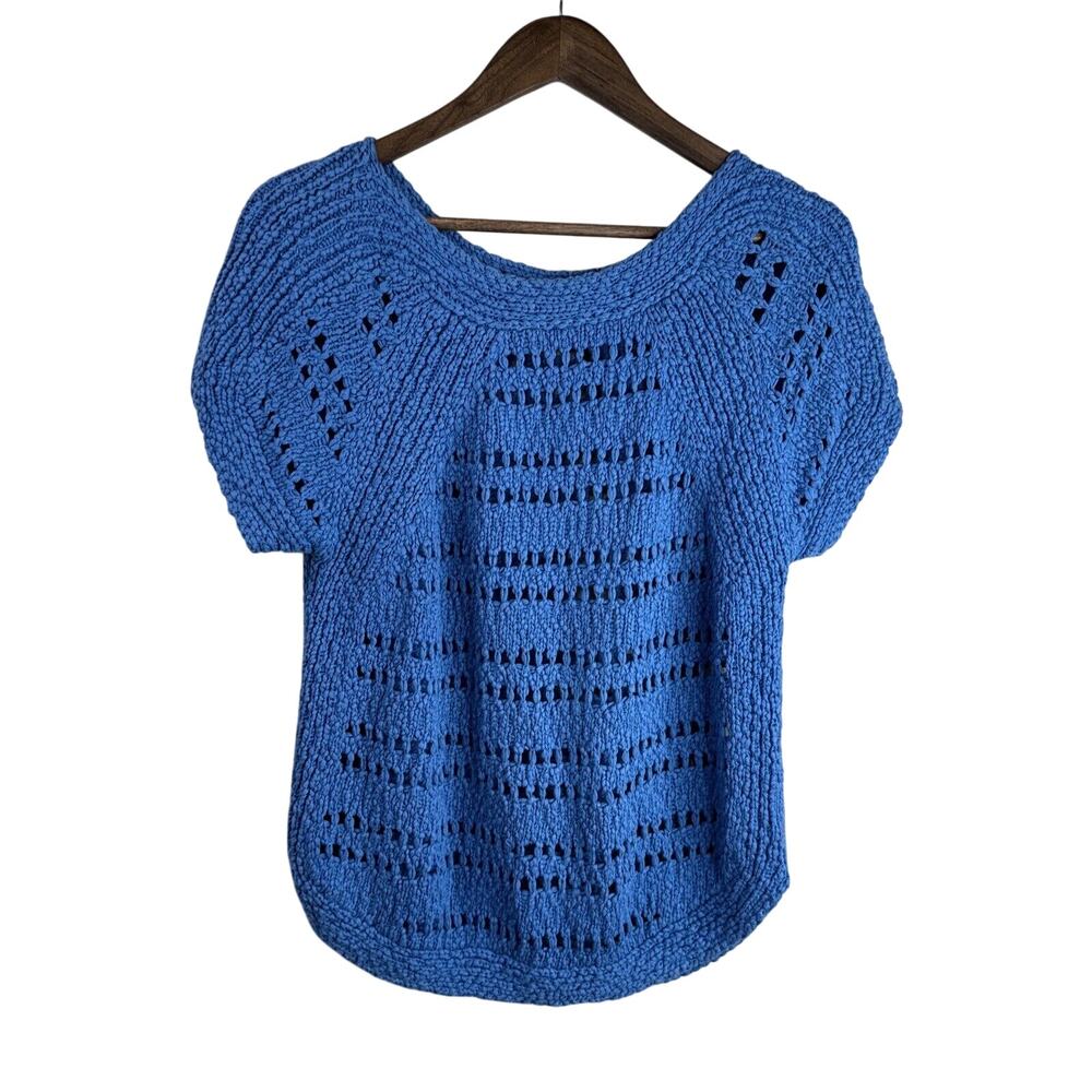 Sandro Sweater Women 1 Blue Open Knit Short Sleeve Cotton Pretty Spring Casual S
